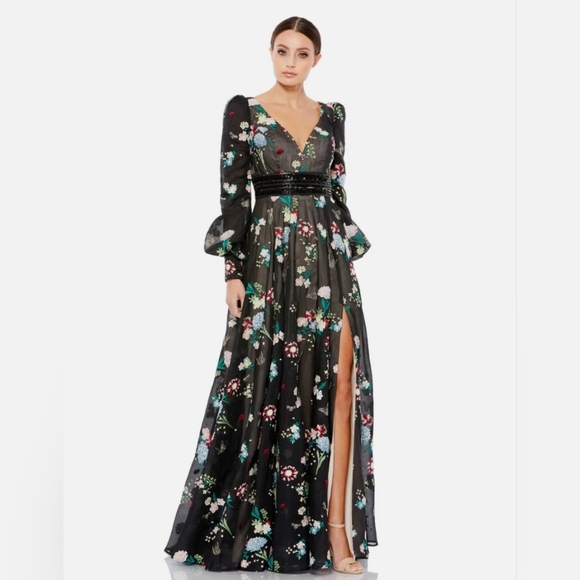 Mac Duggal Dresses & Skirts - Mac Duggal Embroidery Blooms Bishop Sleeve V Neck Flowy Evening Gown Size 10